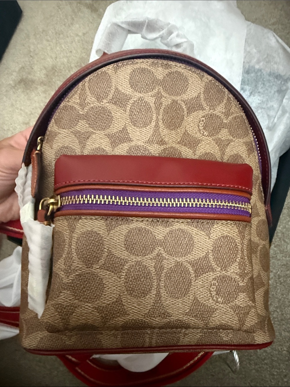 Coach Mini Backpack in Khaki Signature Canvas with Red and Purple Accents